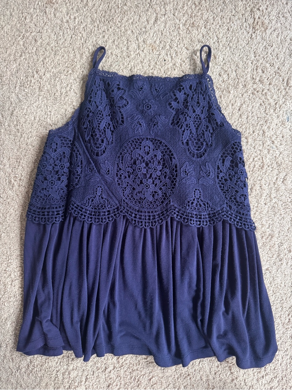 Francesca's Navy Lace Yoke Spaghetti Strap Blouse
